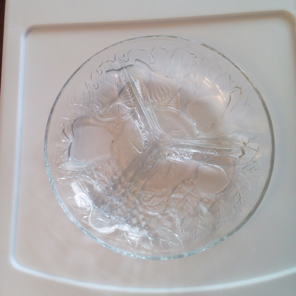Vintage Clear Glass Sectioned Serving Platter Relish Dish Embossed Fruit Design